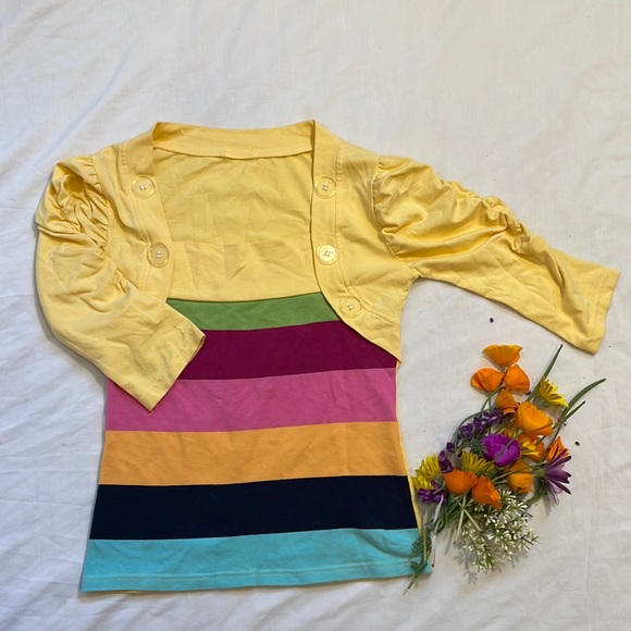 Vintage Tops - Vintage Yellow Ruched Sleeve Top with Colorblock and Faux Cropped Jacket size XS
